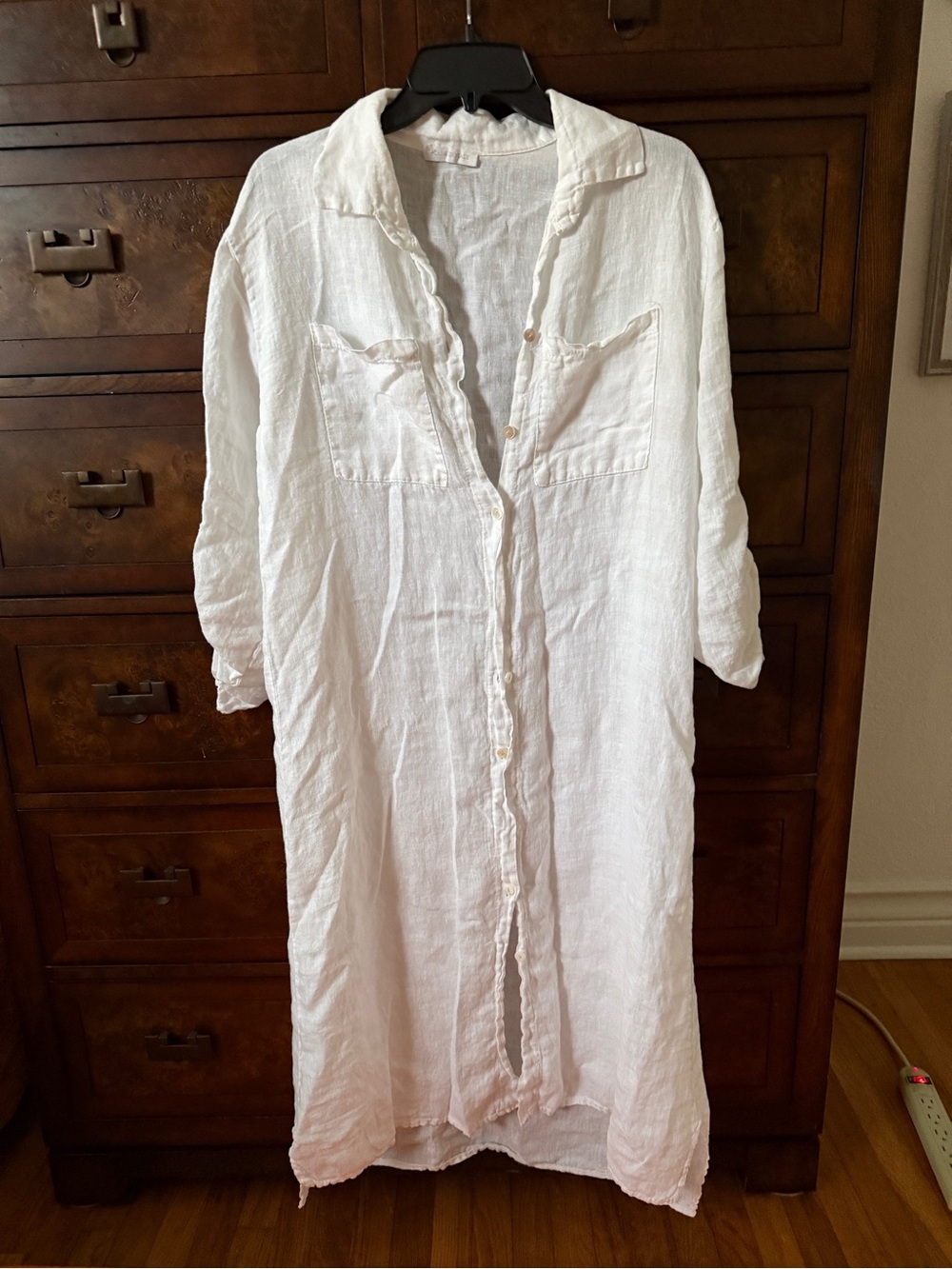 White Linen Long Sleeve Shirt Dress - M